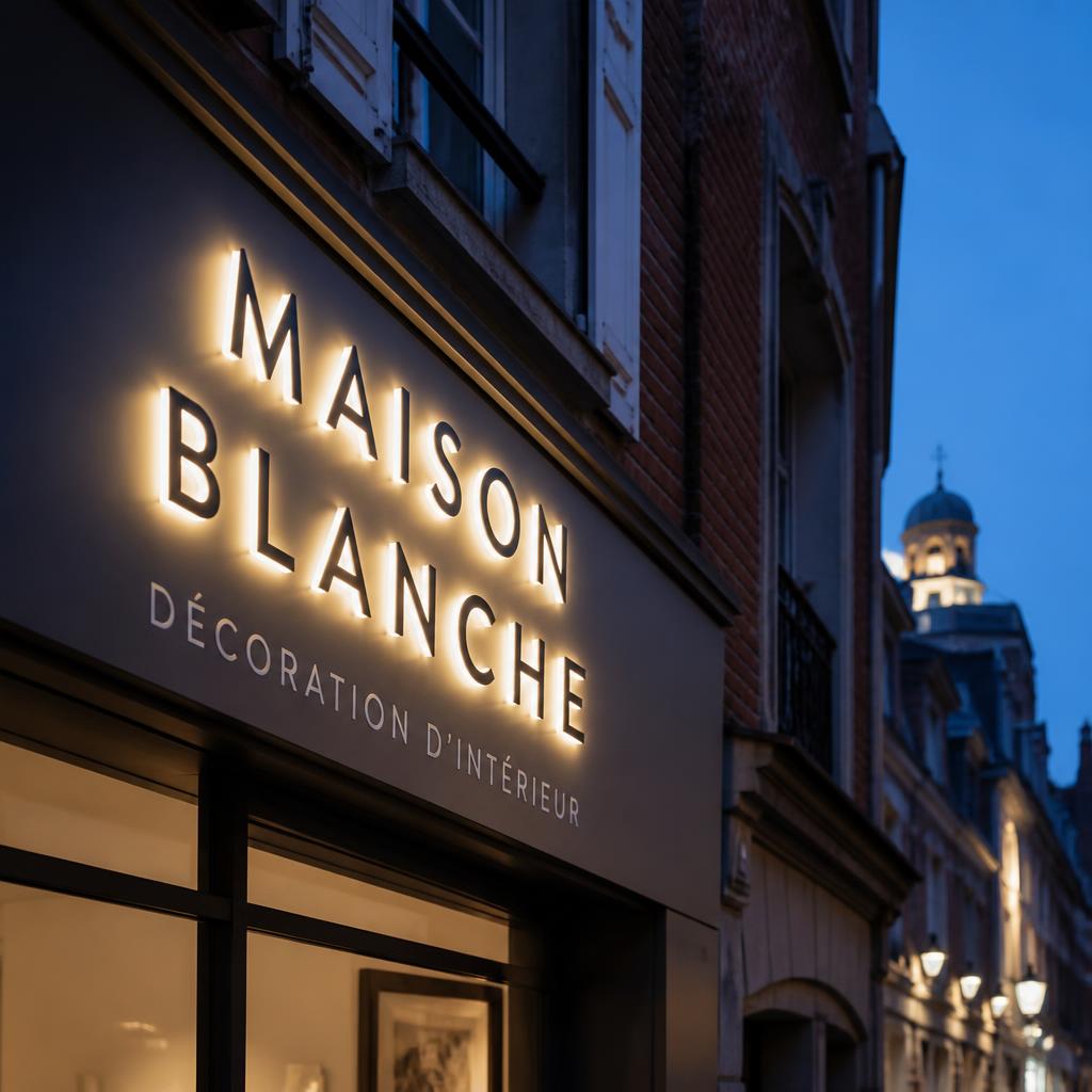 Enseigne lumineuse de boutique sur un boulevard boulonnais au crépuscule